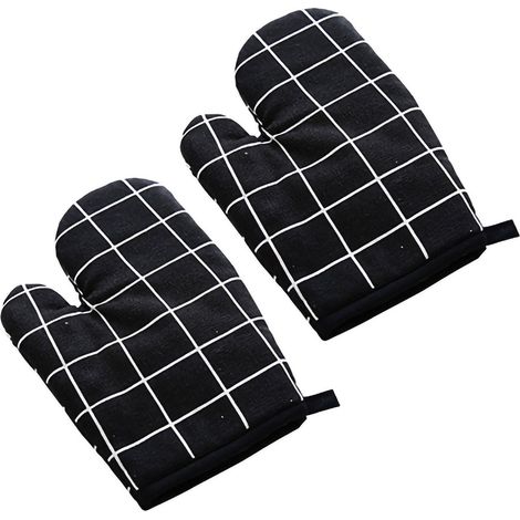 Gant de cuisine résistant à la chaleur avec doublure coton pour four et plat chaud - Noir à motifs grillagés (1/2)