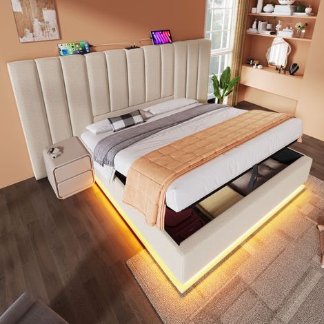 Cama con espacio de almacenamiento de lino beige 160x200 cm con LED, carga USB-C y somier de láminas (1/5)