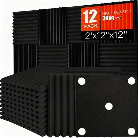 Set of 12 Acoustic Panels, 3D Polyurethane Foam, Sound Absorption, For Studio and Office, Black (1/5)