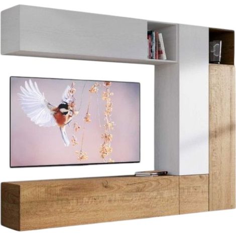 Mur TV modulable suspendu design blanc et naturel Lina L 254cm - 7 pièces (1/3)