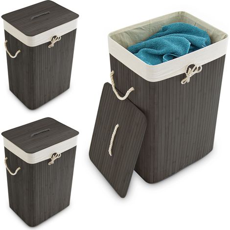 Panier à linge bambou, lot de 3, corbeille linge pliante, 83L, sac intérieur coton, 65,5 x 43,5 x 33,5 cm, noir