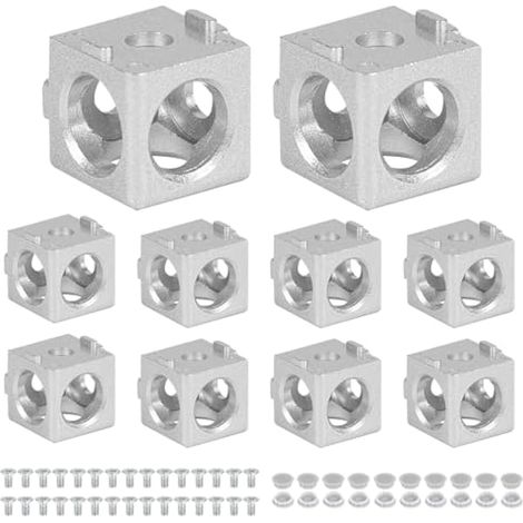 Lot de 10 équerres de connexion à 3 voies 20x20 mm pour profilés aluminium, avec vis et écrous, couleur argent. (1/5)