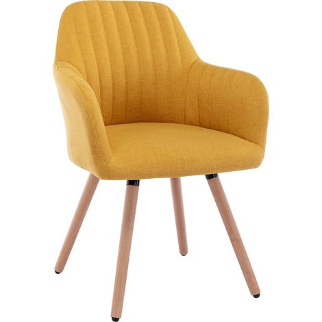 Vente-Unique – Chaise avec accoudoirs en tissu polyester – Pieds en hêtre – Jaune moutarde – Confort optimal pour intérieur – Design rétro