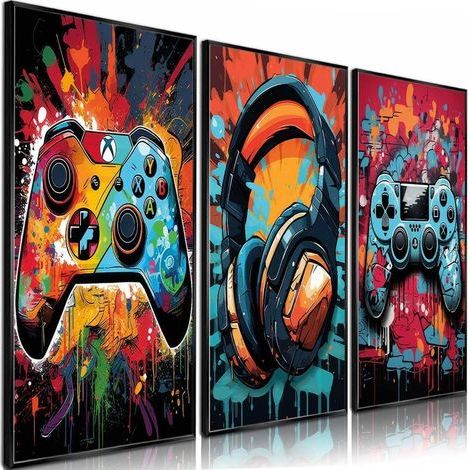 3 st Cool Gaming Väggkonst Retro Videospel akvarell Affischer Bilder Färgglada Neon Gamepad Canvas Målningstryck 30x40cm Oramade (1/5)