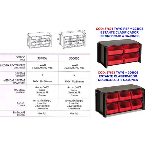 Scaffale di smistamento nero e rosso con 6 cassetti 306006
