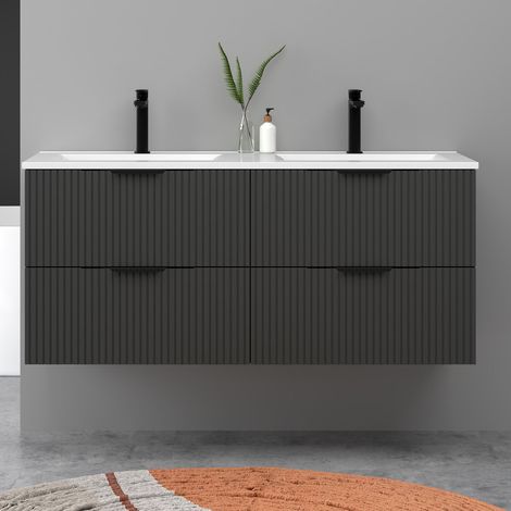 Meuble de salle de bain suspendu Strié 120cm avec poignées + double vasque + 4 tiroirs, Anthracite