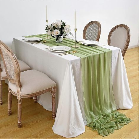 Chemin de table en mousseline vert sauge de 3 mètres (10 pieds), chemin de table transparent de 3 mètres (120 pouces) de long pour mariage, baby shower, enterrement de vie de jeune fille, anniversaire (1/4)