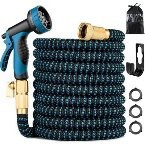 Tuyau d'arrosage extensible – Un tuyau flexible et incassable, équipé de 10 buses, de raccords en laiton massif et d'un noyau extensible en latex – un tuyau extensible léger.