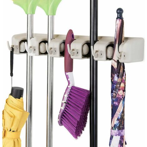 Wall-mounted broom holder with 5 slots and 6 hooks / Wall-mounted broom rack for bathroom, kitchen or garage – White (1/5)