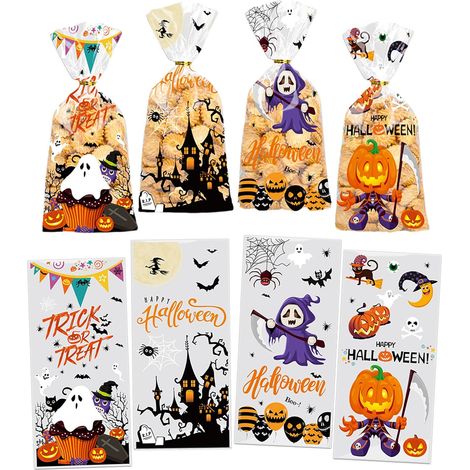 200 Sachets cellophane, transparents, motifs Halloween, 27,5x12,5cm, pour bonbons biscuits (1/5)