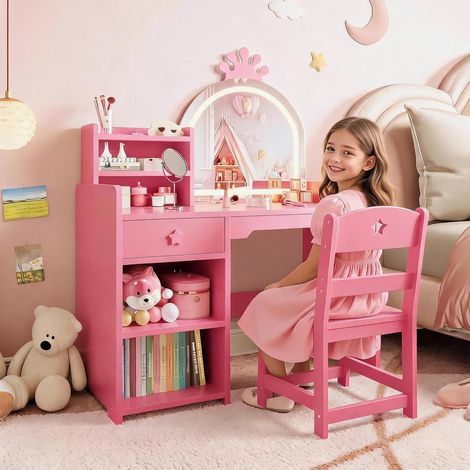 Coiffeuse 2 en 1 pour Enfants avec Miroir Lumineux LED et Tabouret - Table de Maquillage Princesse en Bois avec Bibliothèque et Rangements pour Chambre de Fille