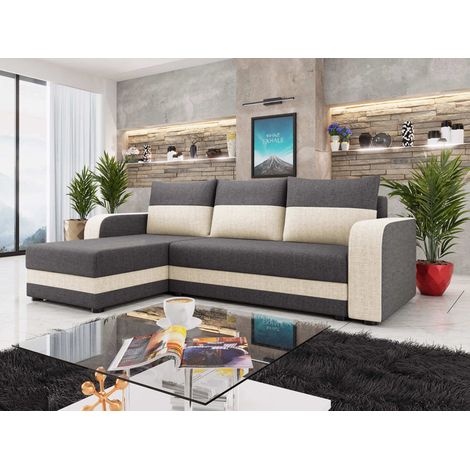 Harvey - canapé d'angle réversible 4 places convertible avec coffre en tissu bicolore - gris / beige