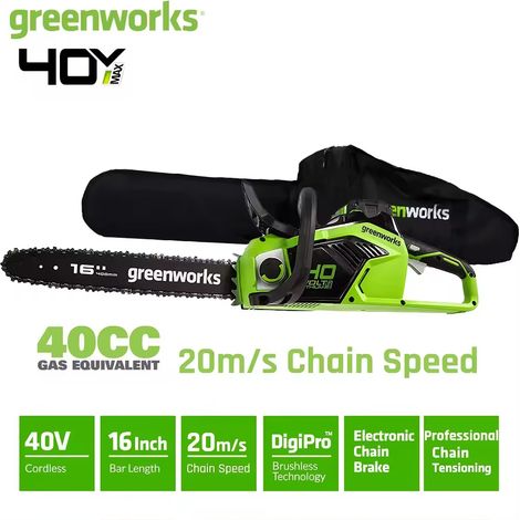 Greenworks tronçonneuse sans brosse 40V scie de jardin professionnelle 20 M/S barre de chaîne originale de 16 pouces et chaîne de scie Oregon 2 piles 4AH