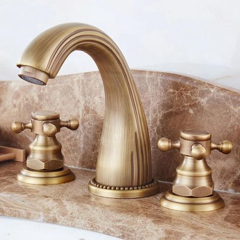 Mitigeur évier cuisine en laiton antique 3 trous avec double poignée, robinet rétro vintage élégant, design durable salle de bain cuisine (1/3)