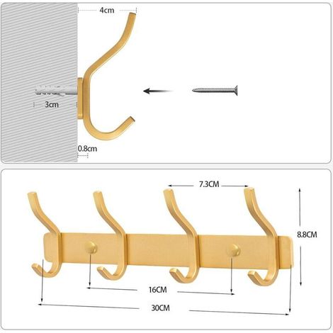Porte Manteau Mural de 4 Crochets, Patères Porte Manteaux Crochet Mural pour Serviettes en Acier Inoxydable (Doré, 4 Crochets) (1/3)