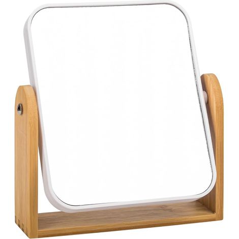 Miroir cosmétique, miroir de maquillage, grossissement 1x/3x, miroir de maquillage double face à 360°, miroir de table, avec cadre en bambou naturel - Blanc (1/5)