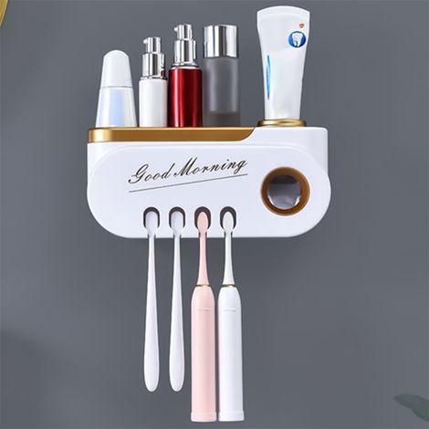 Support Pour Brosse À Dents - Distributeur Automatique De Dentifrice - Support Mural Sans Perçage - 4 Emplacements - ABS Doré - 25 x 11,5 x 6 cm (1/5)