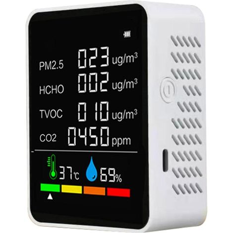 Multifunktionales 6-in-1-CO₂-Messgerät mit digitalem Temperatur- und Feuchtigkeitsmesser, CO₂-, TVOC- und HCHO-Detektor