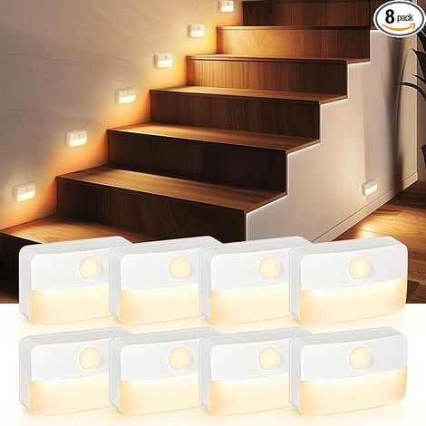 8 lampes d'escalier à détecteur de mouvement, veilleuses d'intérieur à piles (1/5)
