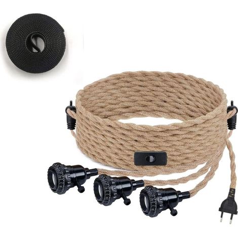 Vintage Hemp Rope Chandelier Kit Cable Pendant Light Fixture with Switch and EU Plug DIY 3-Flame Hanging Lamp Textile Cable Rope E27 Decor Lighting Bedroom Living Room Kitchen Dining Loft