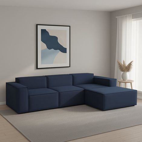 Dmora - Canapé fixe Ddzek, Canapé modulable 3 places avec péninsule droite, 100% Made in Italy, Canapé moderne en tissu, Cm 300x170h70, Bleu (1/5)