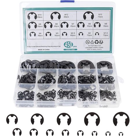 Assortimento di 450 anelli elastici, anelli elastici a E, anelli elastici esterni in acciaio per il fissaggio di pulegge di cuscinetti e ingranaggi (13 misure)