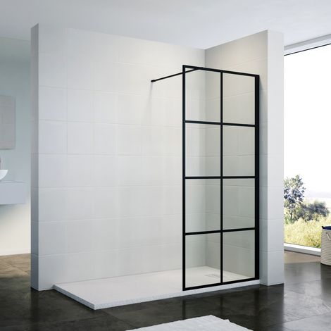 ELEGANT Bathroom Walkin Shower Enclosure Cubicle Black Grid Painted 8mm Tempered Toughened Glass 700mm Shower Screen with 1200x800mm SMC Tray + Waste Trap