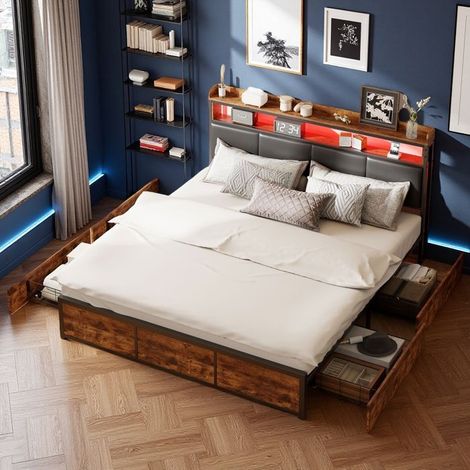 Cama Doble 160x200 - Cama Cofre con Cajones - Estilo Industrial - LED Inteligente - Almacenamiento Optimizado