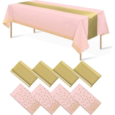 Nappe Jetable En Plastique - Nappe Rectangulaire 137 X 274 Cm Et Chemin De Table En Satin 30 X 274 Cm - Motif Pointillé Or Sur Fond Noir - Lot De 8 Pièces (1/5)