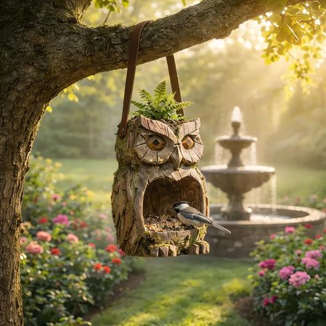 Niedlicher, vogelförmiger Futterspender für Vogelfutter im Freien – Hängender Vogelfutterspender in Form einer Waldohreule – Rustikaler Vogelfutterspender aus Kunstharz (1/5)