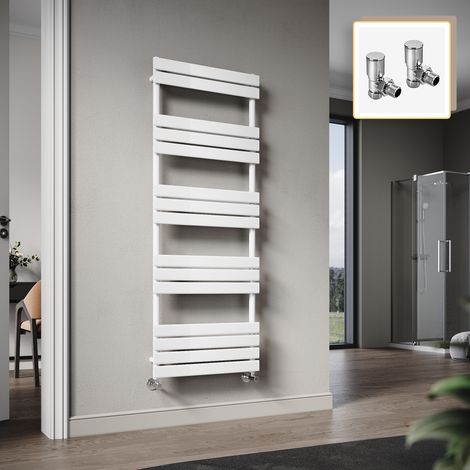 Elegant 1600 x 600mm Heated Towel Rail White Radiator, Flat Panel Design Tower Hanger, Wall Mounted Ladder + Angled Radiator Valves (1/5)