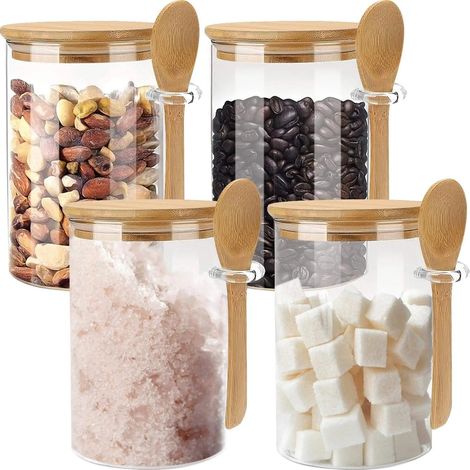 (10 oz - 4 pièces) Pots à sucre en verre avec couvercles et cuillères en bambou (1/5)