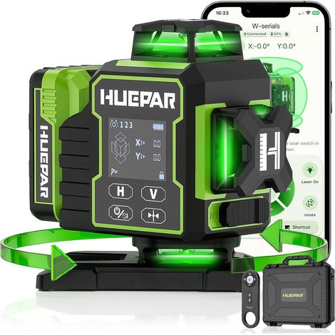 Livella laser verde Huepar 4x360°, autolivellante con Bluetooth, base rotante elettrica e ampio schermo LCD, livello 4D con 16 linee per lavori di costruzione (1/5)