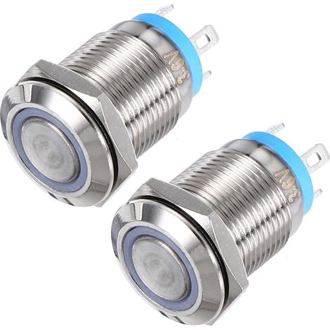 Interrupteur à Bouton-Poussoir en Métal à Verrouillage 12 mm de Diamètre de Montage 1No 3-6V avec Voyant Led Bleu, Tête Plate, Lot de 2 (1/5)