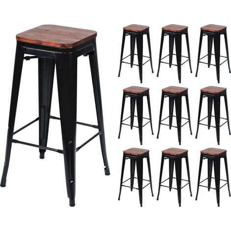 10er-Pack stapelbare, mittelhohe Industriehocker aus Stahl und Holz, 43 x 43 x 76 cm, Thinia Home