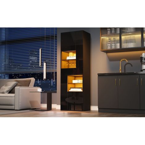 Vitrine noire haute en panneaux de particules et verre trempé avec éclairage LED (1/5)