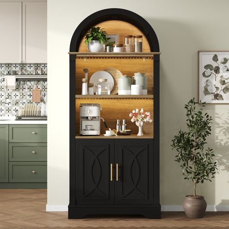 Meuble haut avec étagères réglables et éclairage LED, meuble de cuisine offrant un grand espace de rangement, idéal pour la salle à manger, le salon et la cuisine (noir) (1/4)