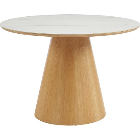Table à manger ronde 4 personnes en céramique et placage frêne - Effet marbre blanc et naturel clair - ANTALIZA (1/5)