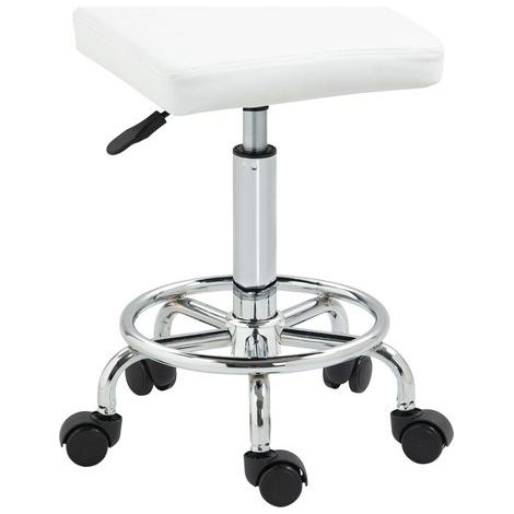 Tabouret pivotant réglable, blanc, salons ateliers 34x34x50-66 cm, repose-pieds rembourré, roulettes (1/5)