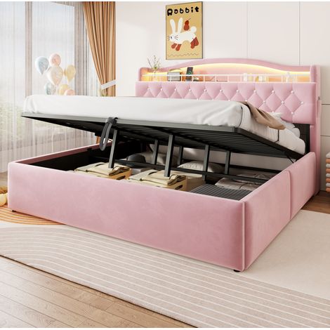 Cama canapé 180 x 200 cm con LED, USB y USB-C, terciopelo rosa OKMYHOME (1/5)