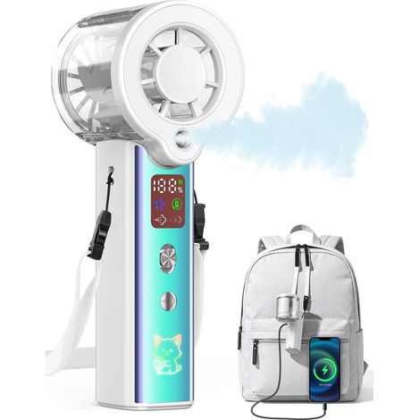 Upgraded Misting Handheld Fan, 30000RPM Rechargeable Mini Fan with Spray Cooling, 4000mAh LED Display for Travel & Makeup,White (1/5)