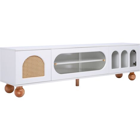 Meuble TV avec portes imitation rotin, porte coulissante en verre et zones ouvertes, 170x47x37 cm, blanc et bois (1/5)