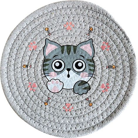 Tapis isolant rond 18cm pour table - Protection chaleur motif chat gris clair (1/5)