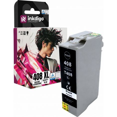 Tinta Inkdigo 408XL BK compatible con Epson WorkForce Pro WF-C4310DW con certificación TÜV. (1/5)