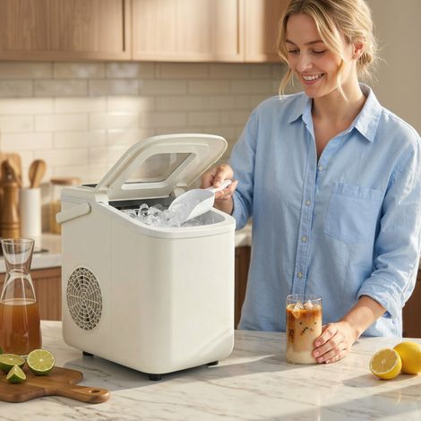 Machine à glaçons portable avec fonction autonettoyante, pelle à glaçons et panier inclus, capacité 12 kg/24 h, beige