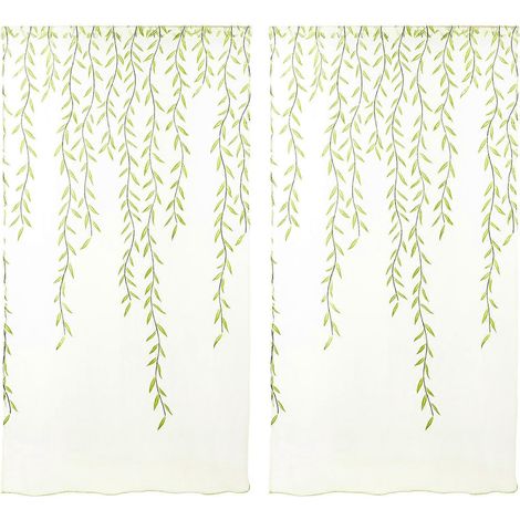 Rideaux en tulle transparent à œillets avec motif osier pour chambre ou salon, 100 x 200 cm (vert)-100X200cm-Green