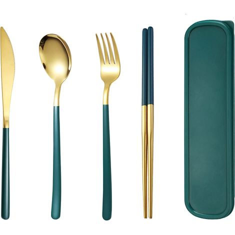 Couverts en acier inoxydable (vert doré), comprenant couteaux, fourchettes, cuillères et baguettes (1/2)