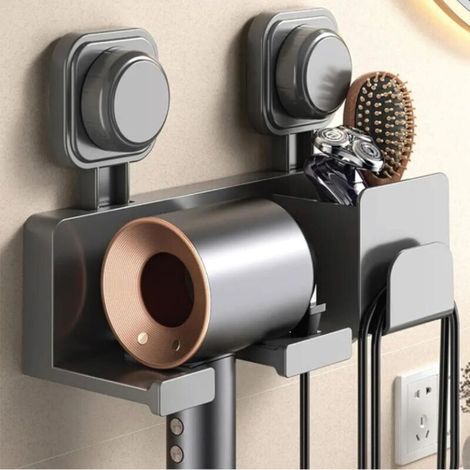Hair dryer storage with suction cup, shelf and bathroom hook. Reusable, made of ABS plastic, rustproof, wall-mounted. No drilling required. (1/5)