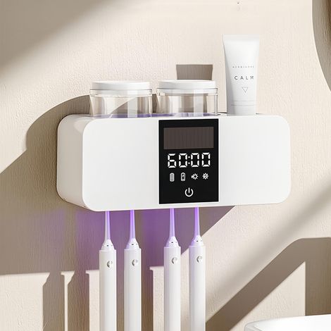 Porte-brosse à dents - Stérilisateur de brosse à dents UV avec séchage - Charge solaire et fonction de nettoyage automatique - Porte-brosse à dents mural sans perçage - Avec 4 emplacements (1/5)
