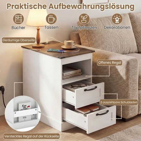 Lot de 2 tables de chevet blanches aspect bois avec station de charge USB-C, 2 tiroirs et rangement pour chambre et salon (1/5)